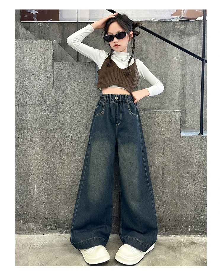 ZOETOPKID Kinder Mode High-Waist Weitbein-Jeans für junge Mädchen Streetwear Lose Denim-Hosen Kinder Dunkelblaue Jeans – Detail 5