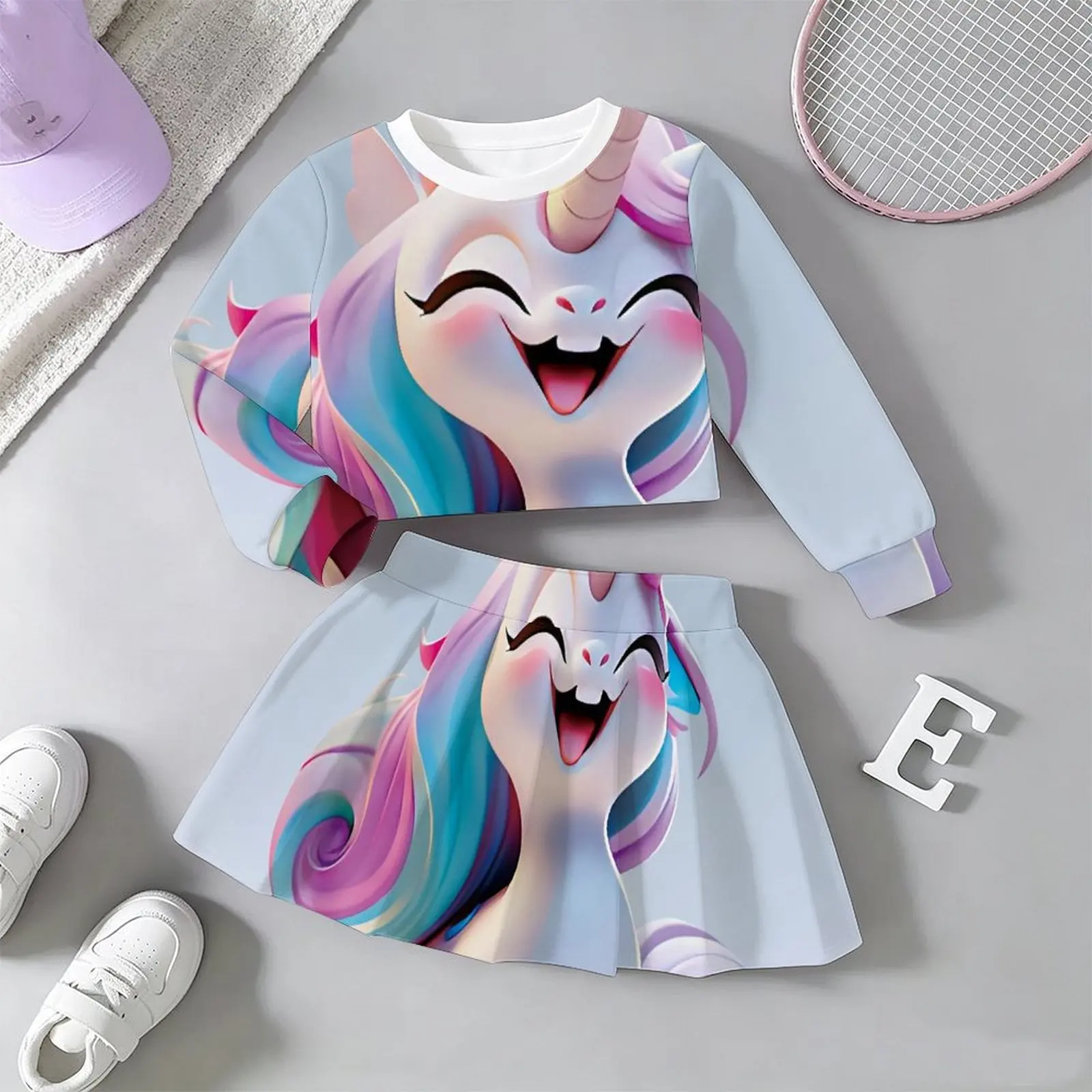 Lovely Kawaii Fairy Style Girls Outfit Long Sleeve Print Top A-line Skirt  Soft Breathable  For Wedding Flower Girl Party