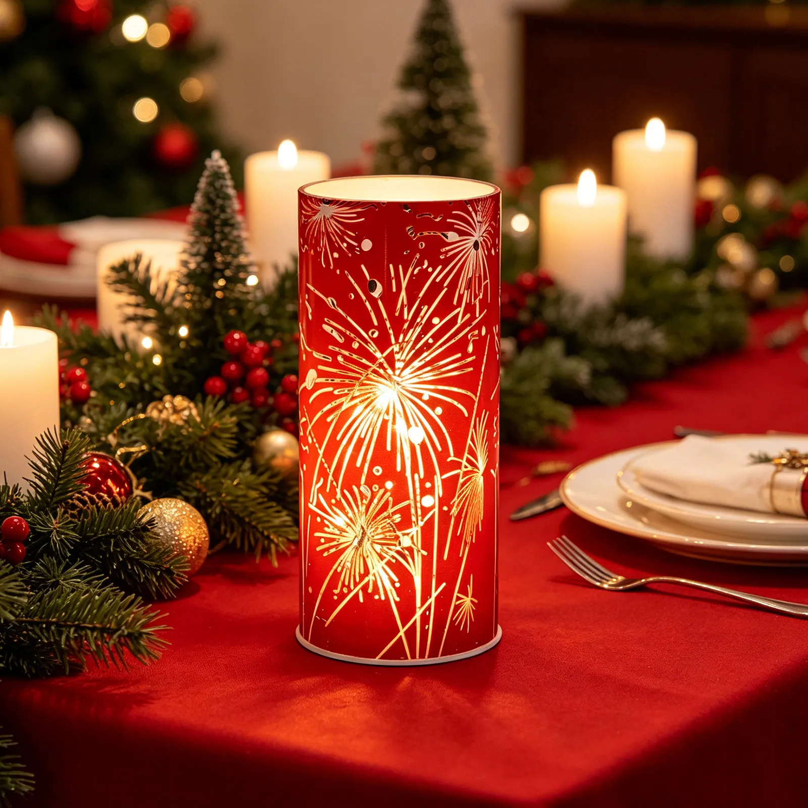 Glowing Red Glass Pillar Hurricane Lantern Flameless Sparkler LED 3D Starspark Christmas Holiday Mantel Wedding Table Decor