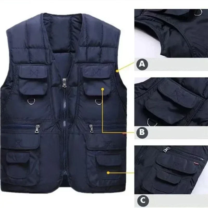 Winter Warm Men\'s Padded Fishing Vests Multi-Pockets Outdoor Tactical Vest Men Sleeveless Zipper Waistcoat Solid Hunting Jacket
