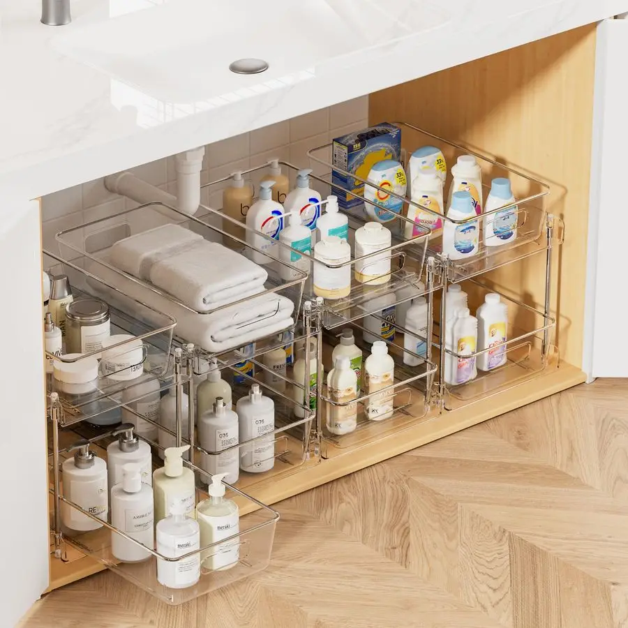 

4 Pack Bathroom Organizer, 2 Tier Clear Under Sink Organizers Vanity Countertop Storage Container,Cabinet Drawers Bins, PullOut
