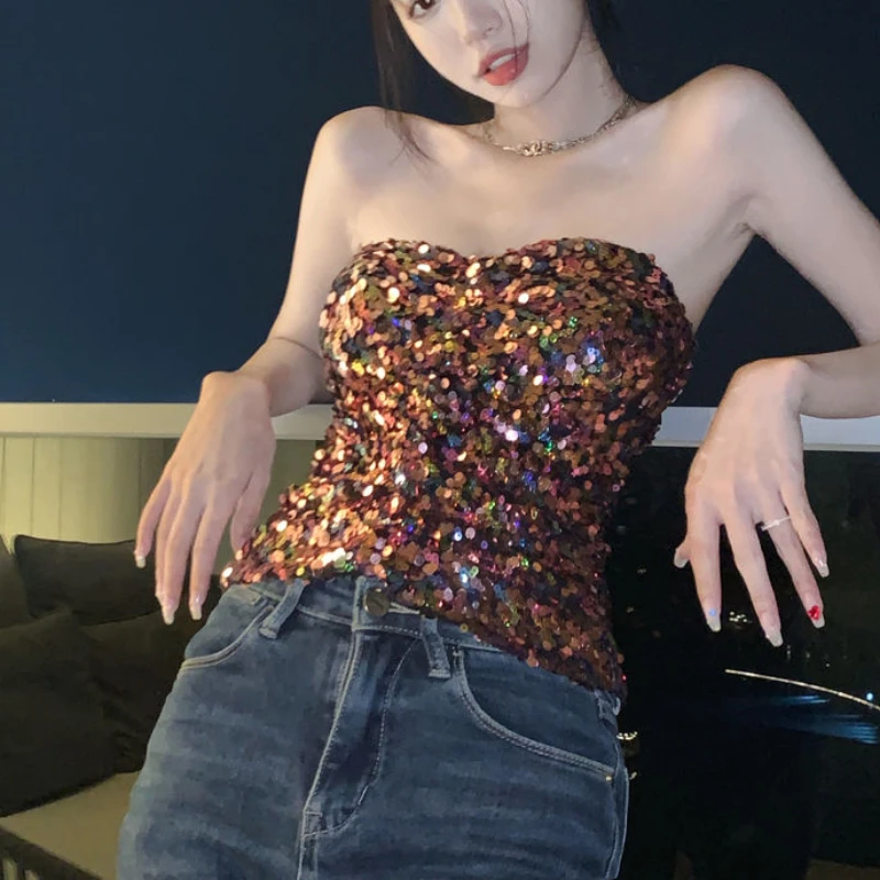 Sexy Spice Girl Vest Colorful Sequins Short Wrapped Sequins Suspender Vest 2025 Spring and Summer Fashion Commuter Women's Wear