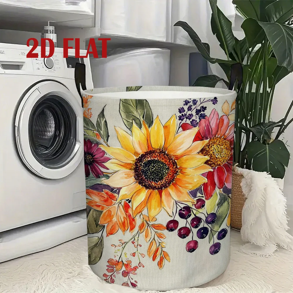 Round Dirty Laundry Basket, Sunflower Floral Watercolor Pattern, Organizing Basket Suitable for Storing Clothes/Books