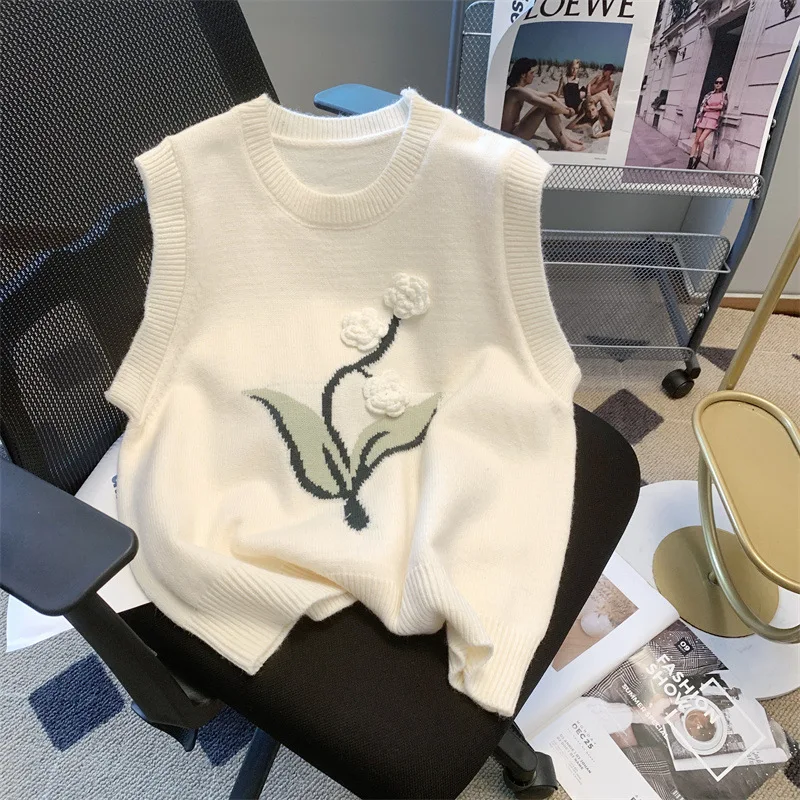 

2024 Women's Knitted Vest New Autumn Solid Pocket Sleeveless Jacket Flowers Sweater O-Neck Waistcoat Vests Hot Selling R185