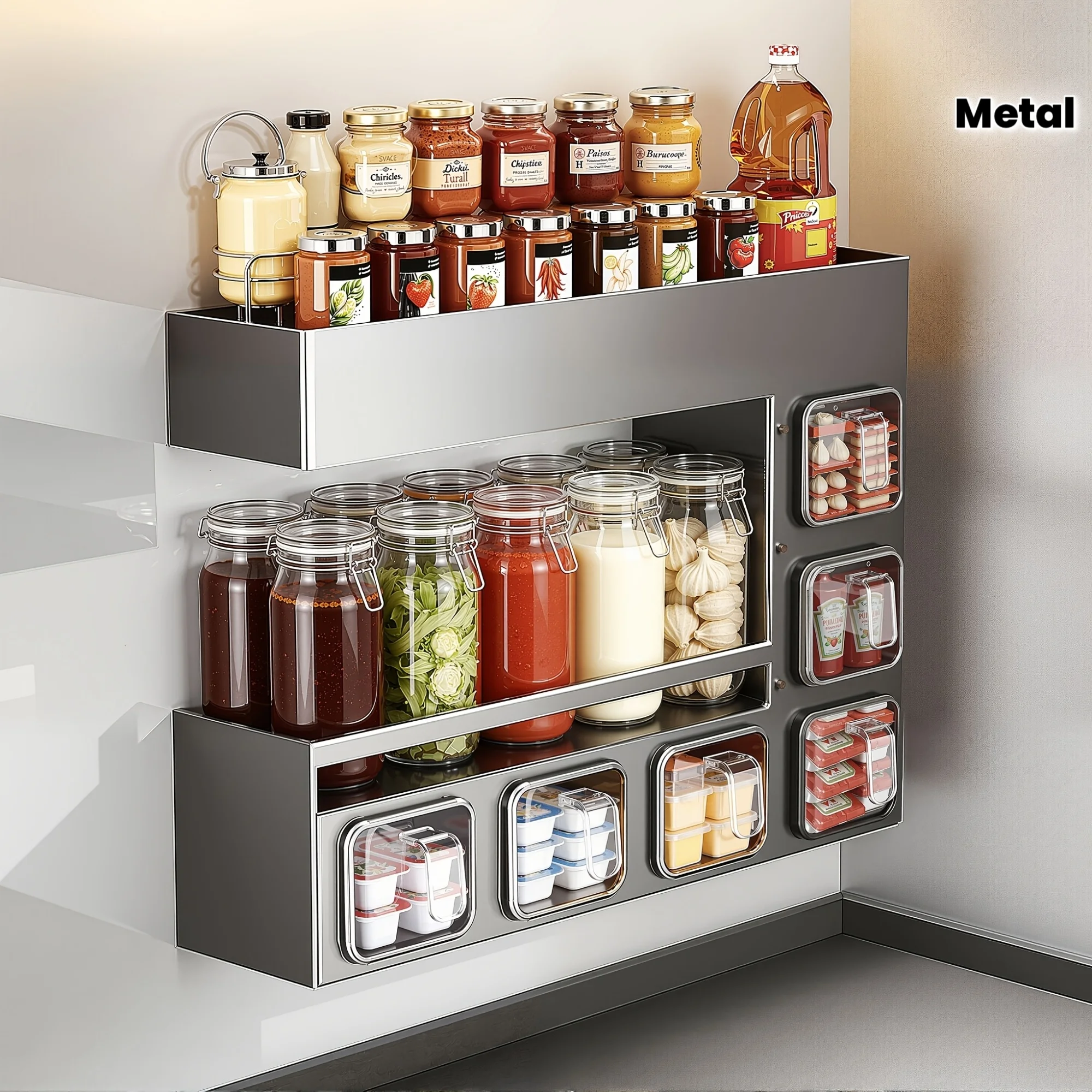 Wall-Mounted Metal Spice Rack Kitchen Multifunctional Shelf No Drilling High-end Easy to Clean Large Capacity Seasoning Storage