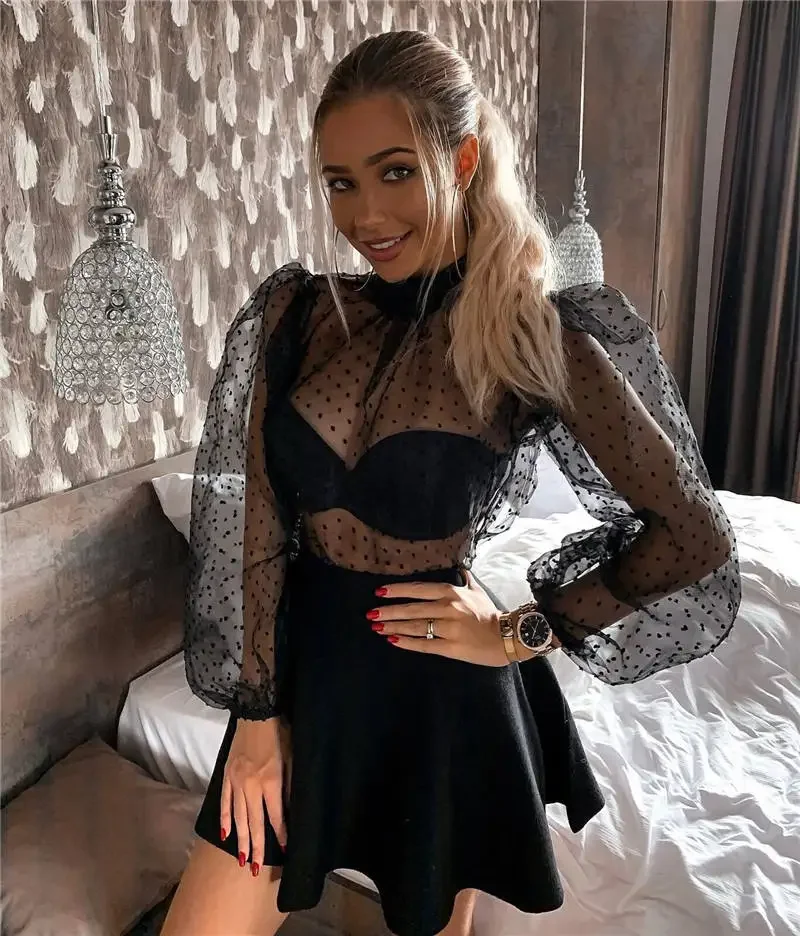 Fashion Women Summer Lantern Sleeve Blouse Turtleneck Dotted Mesh Tulle Top Sexy Polka Dot See-Through Top