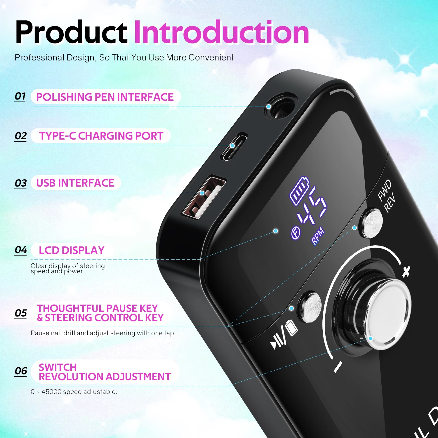 ماكينة حفر الأظافر الكهربائية 45000 دورة في الدقيقة، مبرد أظافر قابل لإعادة الشحن مع 12 لقمة ثقب و56 قطعة من أشرطة صنفرة الأظافر لتلميع أظافر الجل #2