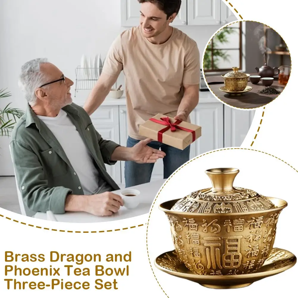 1Pcs Brass Hundred Blessings Tea Bowl Three-Piece Set Home Living Room Chinese Classical Tea Set Spring Festival New Year Gift