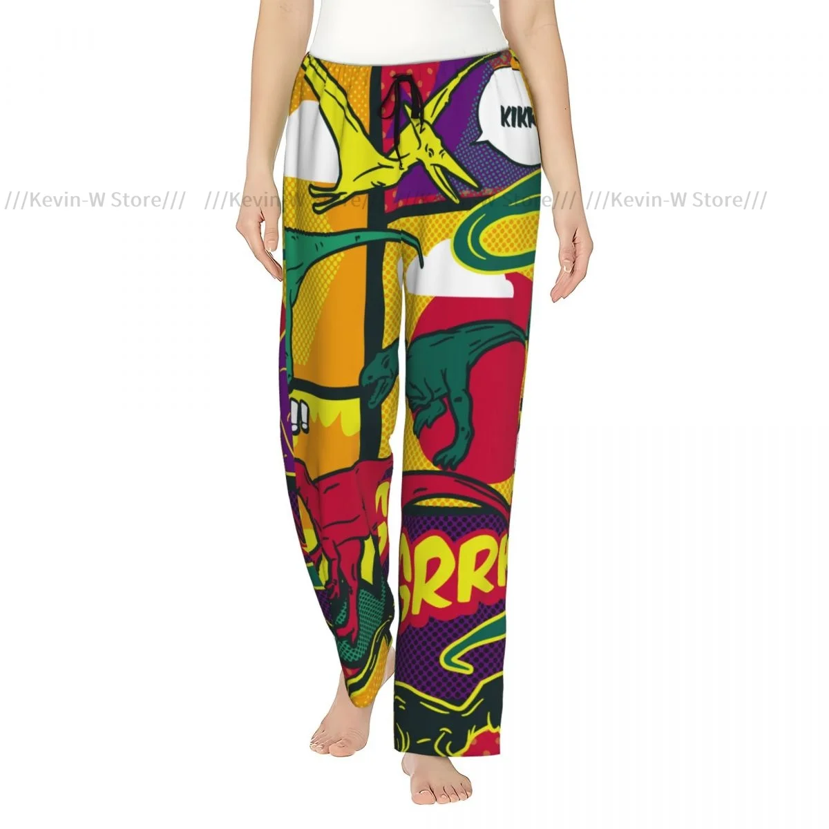 

Warm Flannel Sleep Pants for Women Dinosaurs Comic Pop Art Pajama Bottoms with Elastic Waist