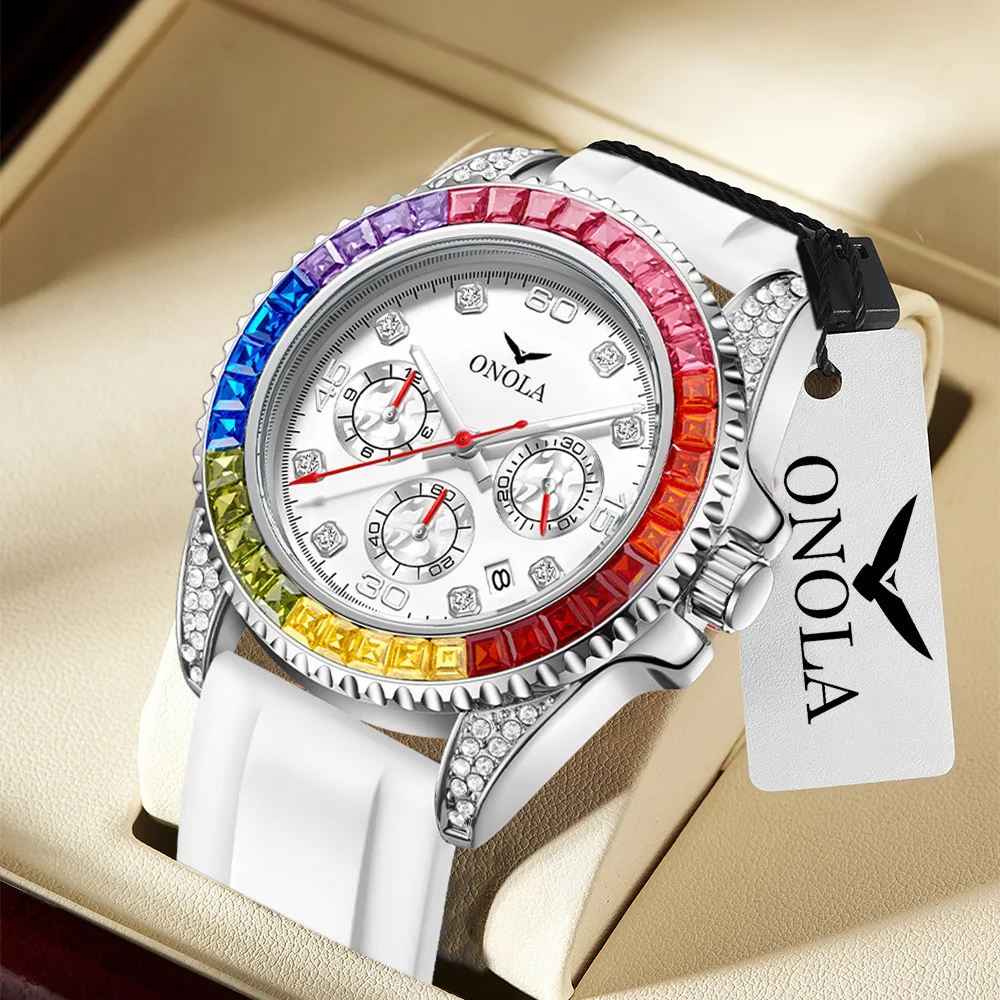 ONOLA Luxury Watch Mens Automatic Date Silicone Strap Waterproof Clock Fashion Rainbow Iced Diamond Quartz Wristwatch Reloj 2023