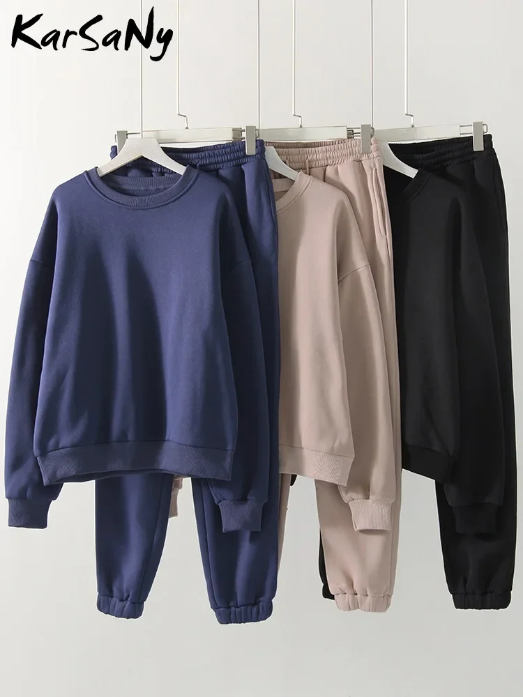 Women Casual Two Piece Sets O Neck Loose Long Sleeves Autumn Winter Solid Pullover Sweatshirt Elastic Waist Pants Sets For Women