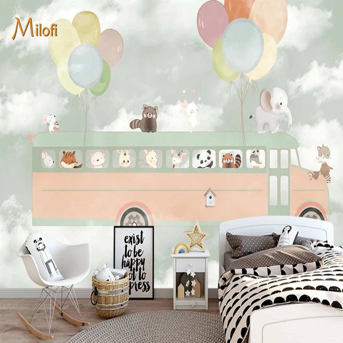 Custom 3D Cartoon Animal Bus Wall Mural Watercolor Cloud Balloon Wallpaper for Panda Elephant Rabbit Children Bedroom Wall Decor