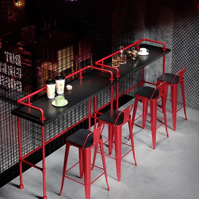 Industrial air duct bar table bar milk tea shop household wall solid wood long table wrought iron high table and chair