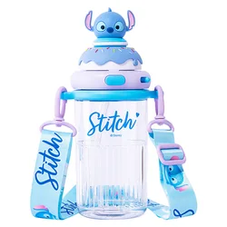 600ml Disney Water Bottle Stitch Shape Cartoon Straw Cup Summer Large Capacity Children School Outdoor Portable Strap Cup