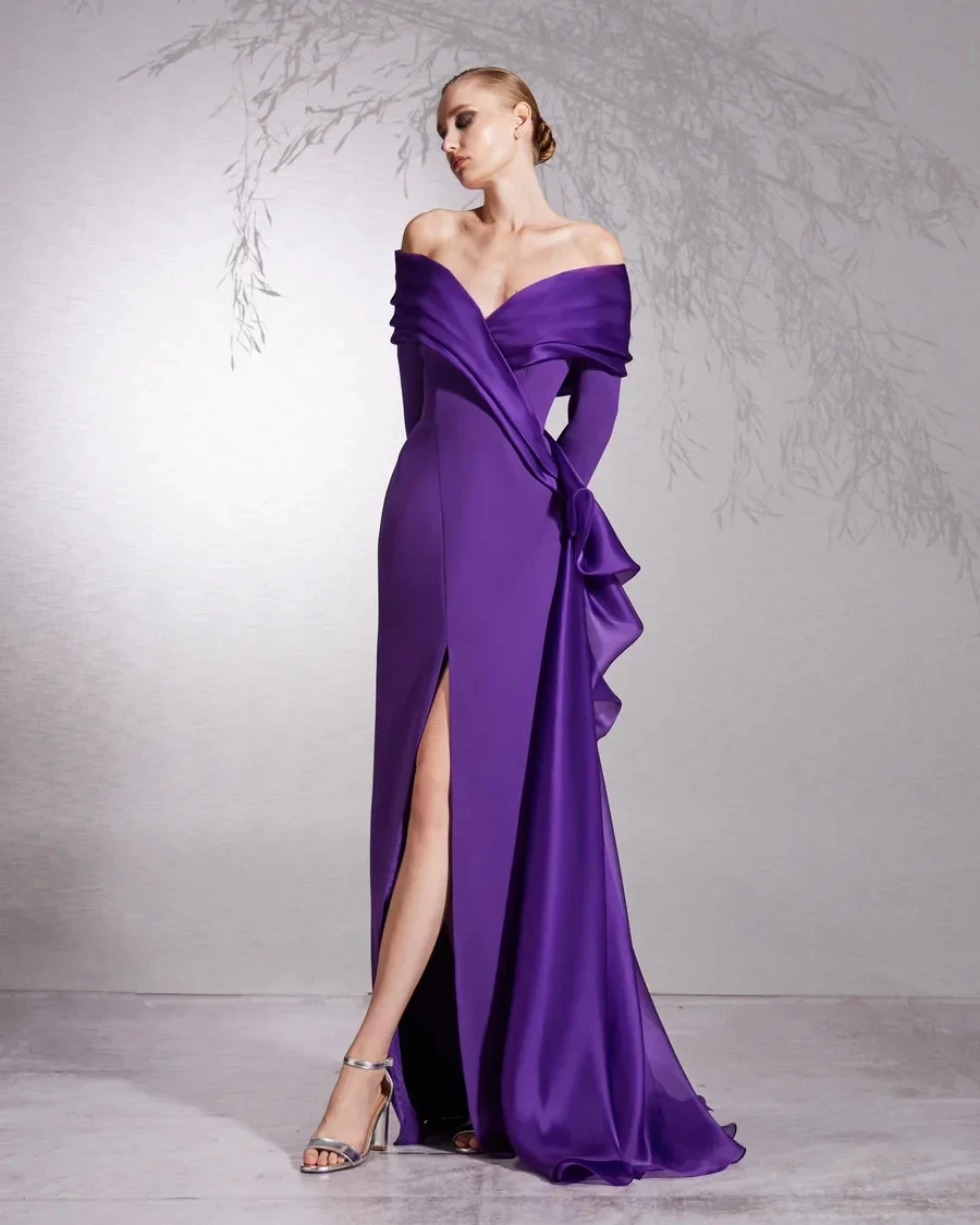 OTHRAY Purple Prom Dresses Off The Shoulder Organza Back Bow Dress Evening Dress Formal Women Wedding Party Gowns