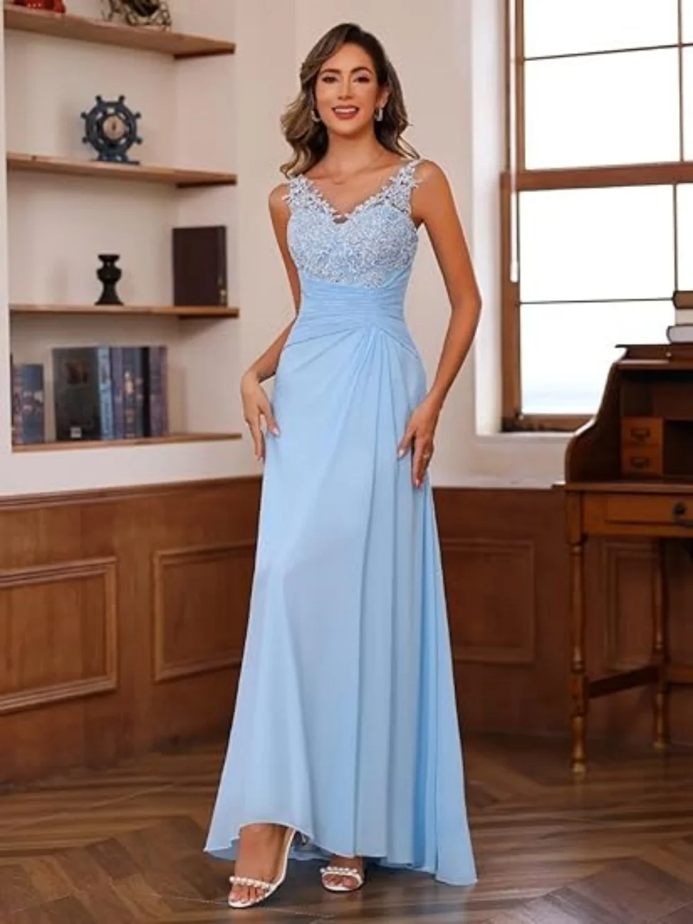 Gaun pengantin wanita, renda applique mutiara 2 potong sifon ibu dari pengantin untuk pernikahan dengan jubah A Line gaun malam Formal panjang