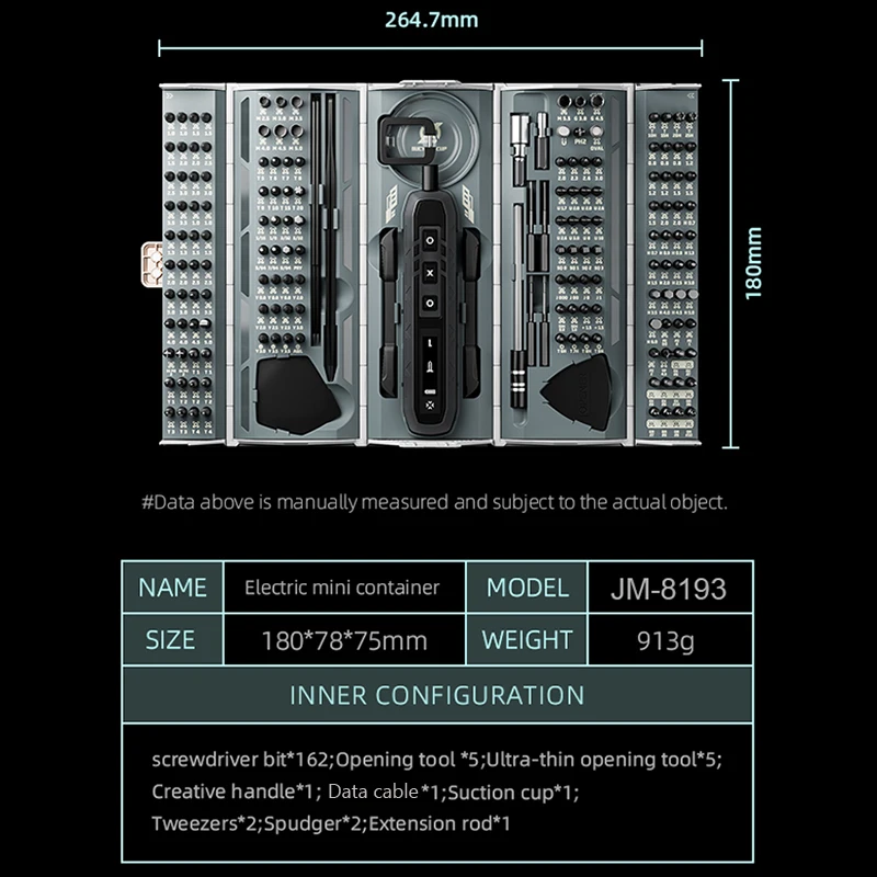 JAKEMY JM-8193 180-IN-1 elektrický šroubovák sada dobíjecí magnetický bitech pro mobilní telefon brýle elektronická oprava nástroje souprava