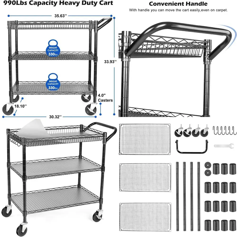 

Сверхмощная универсальная тележка объемом 990 фунтов с колесами, металлическая тележка с сертификацией NSF для ресторана и кухни, черная