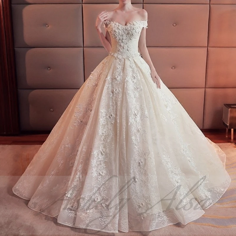 Vestido De novia De princesa elegante para mujer, Vestido De baile sin hombros, apliques De flores, Vestido De novia con cordones