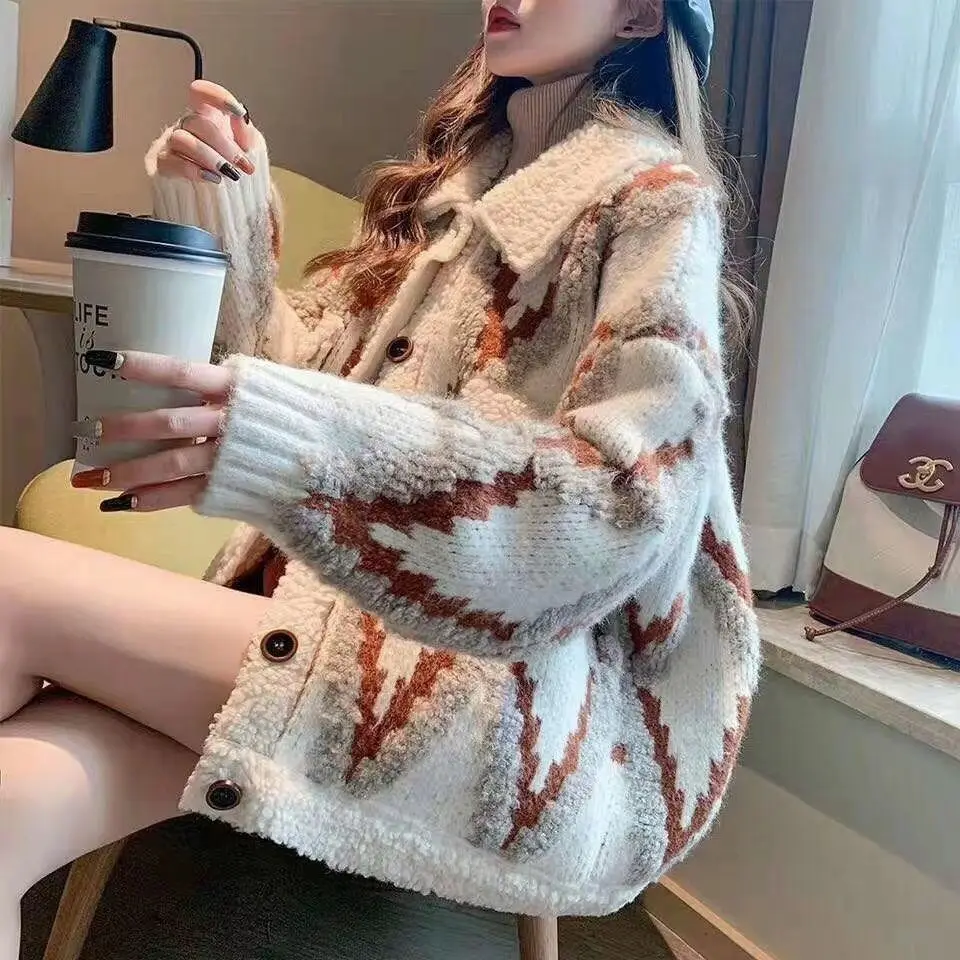 Spring Fall Winter Women Plaids Sweater Coat Lambswool Hair Stitching Turn Down Collar Thickened Knitted Cardigan Fleece Tops