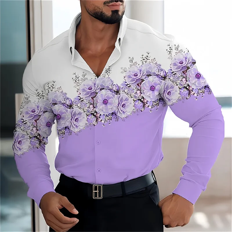 Camisa casual versátil masculina, camisa de manga comprida, de peito único, lapela floral regular, moda de rua, outono