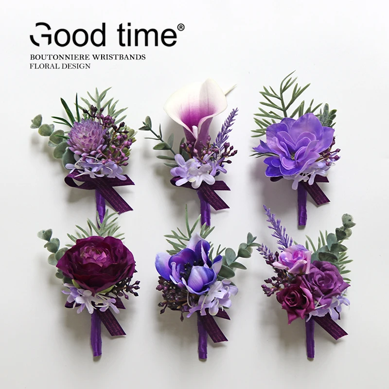 

GT Silk Corsages Boutonnieres Wedding Decoration Marriage Rose Wrist Corsage Pin Boutonniere Flowers for Guests Purple