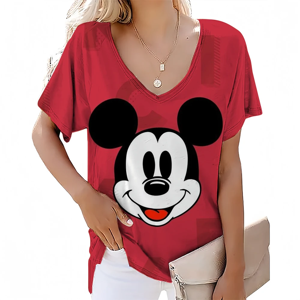 Fashionable Women's T-Shirts Disney Mickey Mouse Minnie print Girl Summer Harajuku Loose Casual Clothing Kawaii V-Neck T-Shirts