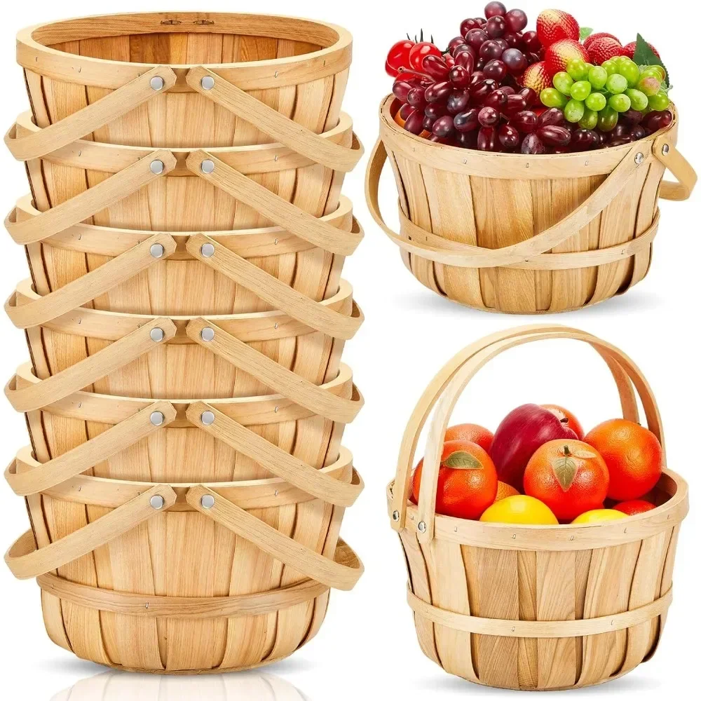 

6 Pcs 11 x 6.5'' Large Round Wooden Basket Apple Baskets Fruit Bushel Baskets Farmers Fall Harvest Portable Garden Basket