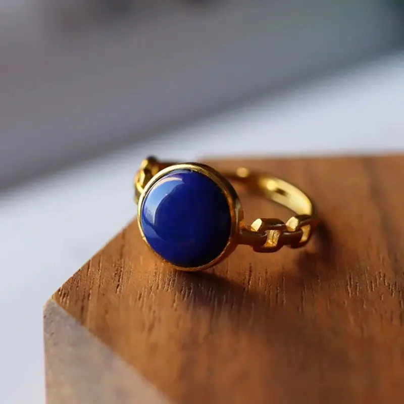 Vintage court style lapis lazuli rings for women elegant light luxury ancient gold crafts chain design engagement ring jewelry