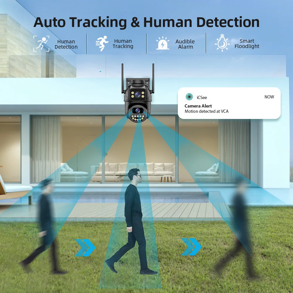 4K 8MP HD Wifi PTZ Camera Outdoor Dual Lens Dual Screen AI Auto Tracking IP Camera CCTV Audio Video Surveillance P2P iCSee