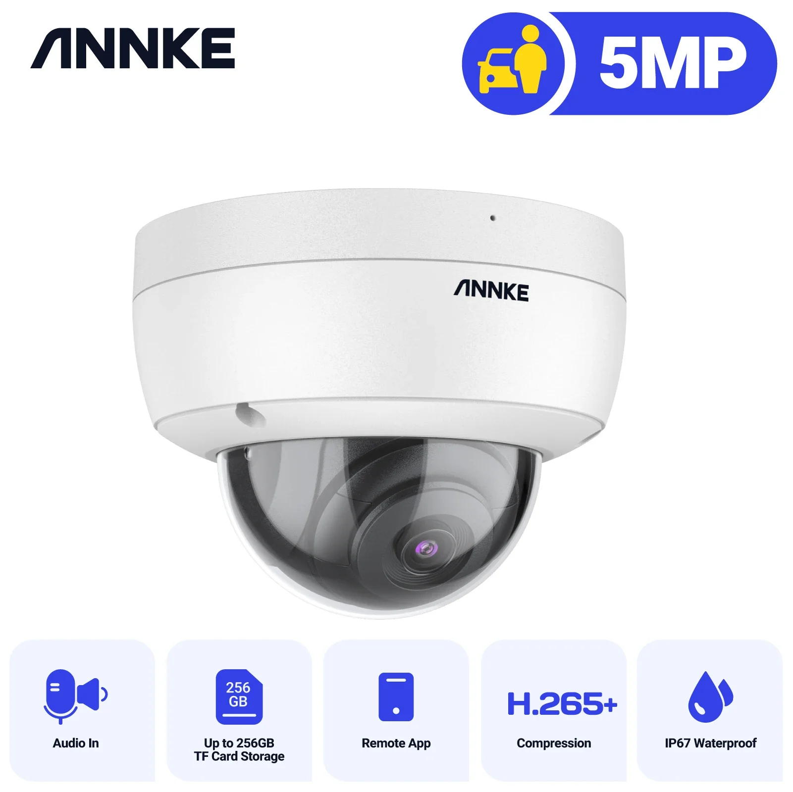 ANNKE 1PCS C500 Dome 5MP Outdoor IK10 Vandal-Proof POE Security Cameras With Audio in POE Surveillance Cameras TF Card Support