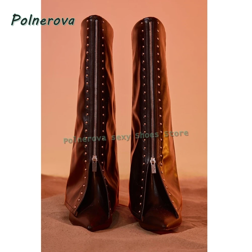 البني سستة الديكور كم الأحذية أشار تو الكعوب رقيقة برشام المرقعة النساء حذاء برقبة للركبة 2025 الخريف نمط جديد الشتاء