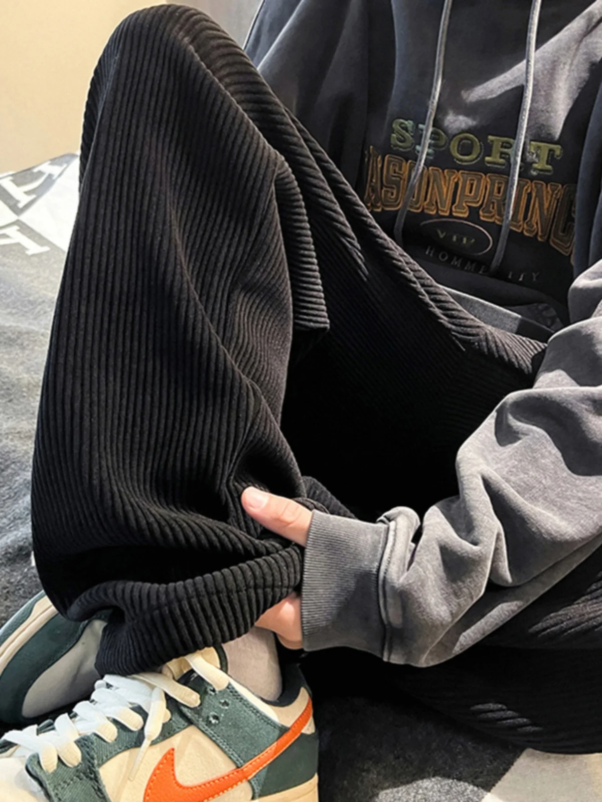 

Men's Winter Thiened Fce Corduroy Straight Leg Casual Pants Youth Spor Loose Fit American Retro Sle Polyester Fiber