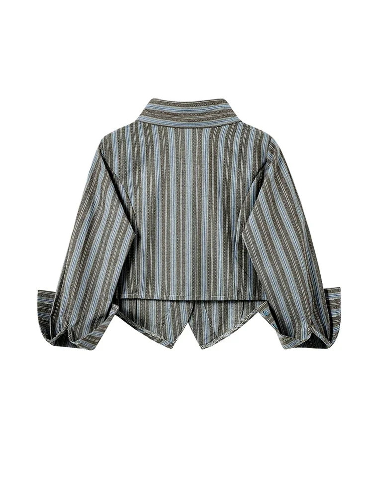 Women Striped Shirts Blouses Vintage Harajuku 90s Aesthetic Y2k 2000s Elegant Polo-Neck Long Sleeve Shirts 2000s Clothes Autumn