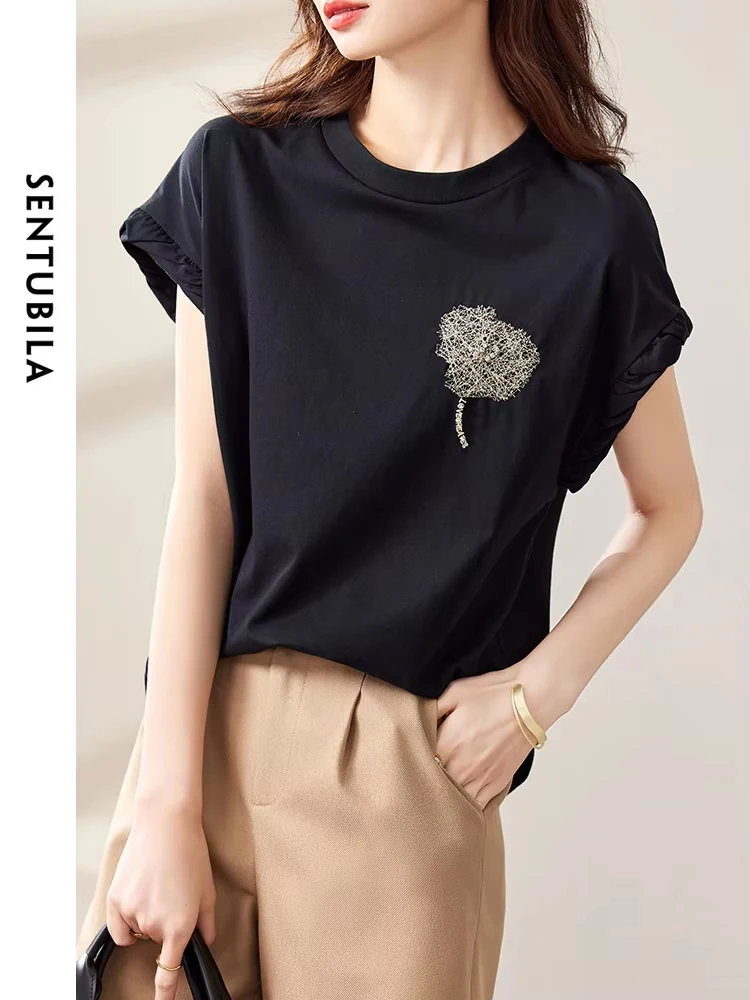 SENTUBILA Simple 100% Cotton Black T-Shirts Women 2024 Summer Short Sleeve Knit Tops Round Neck Loose Casual Female Tee Shirts