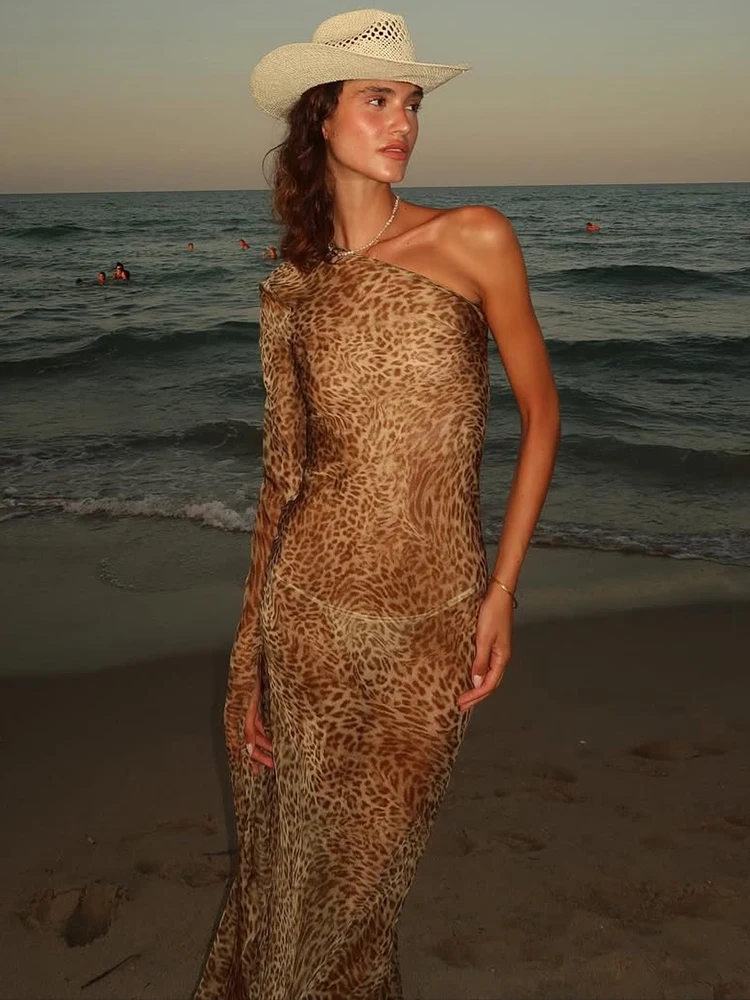 

Blifanbo Leopard One Shoulder Print Maxi Dress Women Backless Inclined Shoulder Beach Holiday Vacation Club Sexy Long Dress