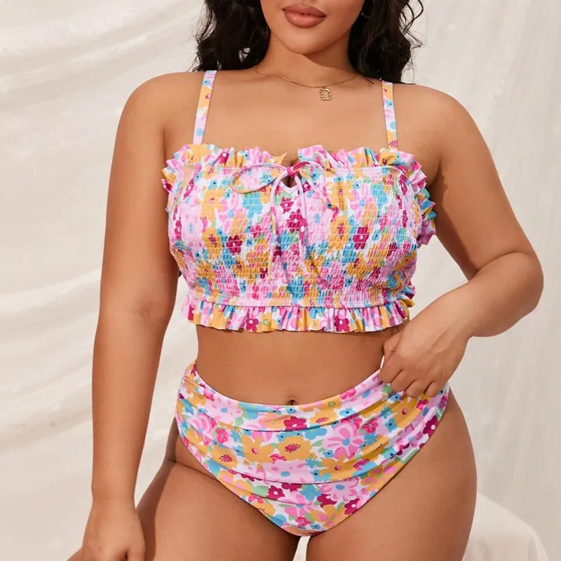 2025 Summer Two Piece Bikini Set For Women Sexy Swimsuit Printed Ribbed Crop Top High Waisted Bottom Bathing Suits