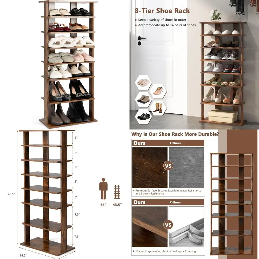 

Двухрядный деревянный органайзер для обуви, 8-уровневая стойка на 16 пар, настраиваемая высота, компактное решение для хранения