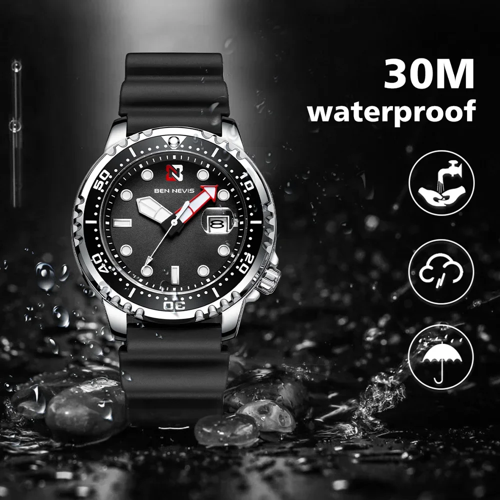 44mm BEN NEVIS Quartz Watch Quartz Movement Luxury Silicone Strap Black Diving Water Ghost Style Wristwatch