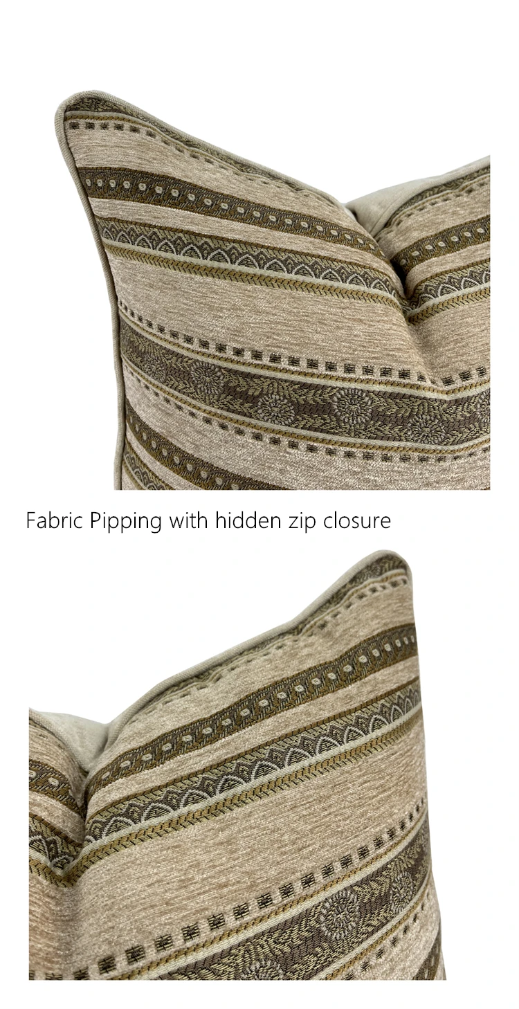 Vintage Classic Soft Heavy Chenille Beige Stripe Pipping Square Pillow Case Sofa Cushion Cover 45 X 45 cm 1 Piece Pack