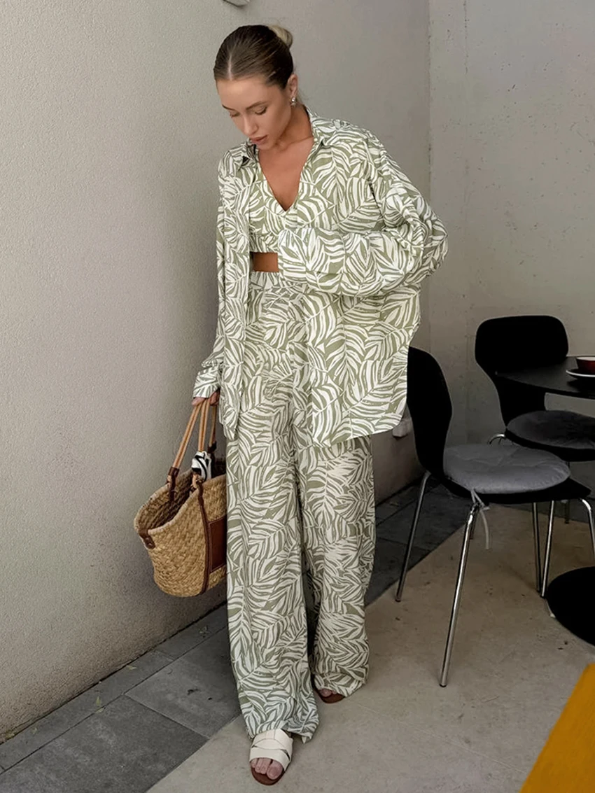 Marthaqiqi Printing Women Pajama Suit Long Sleeve Robe Turn-Down Collar Sleepwear Tank Top Nightwear Pants Nightgown 3 Piece Set