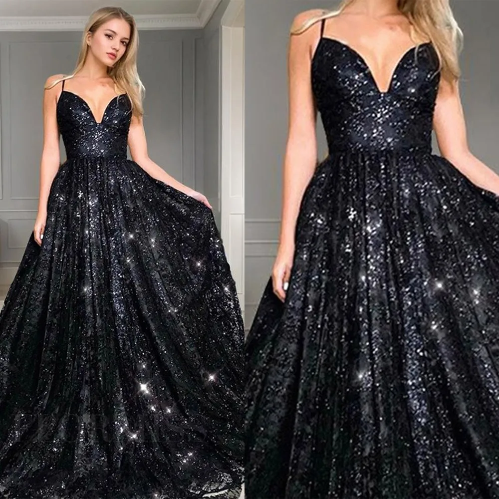 Spaghetti Straps Black Evening Dresses For Women Sequin Tulle A Line V Neck Backless Vestido De Gala Wedding Formal Party Gowns