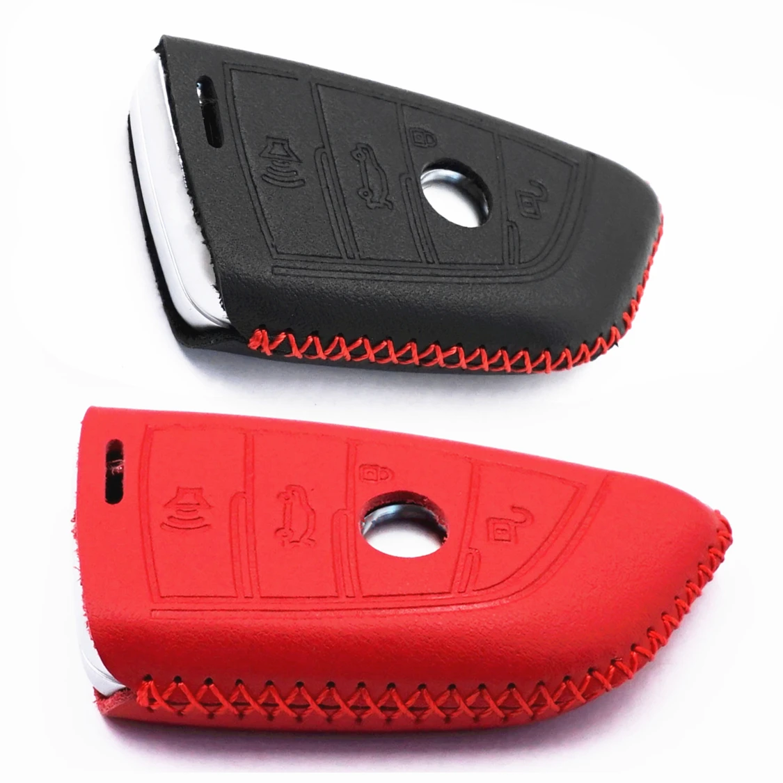 WFMJ 2Pcs Black Red Leather for BMW 1 5 6 7 G20 G30 G11 F15 F16 F48 X1 X4 X5 X6 X7 4 Buttons Remote Key Fob Case Cover Chain
