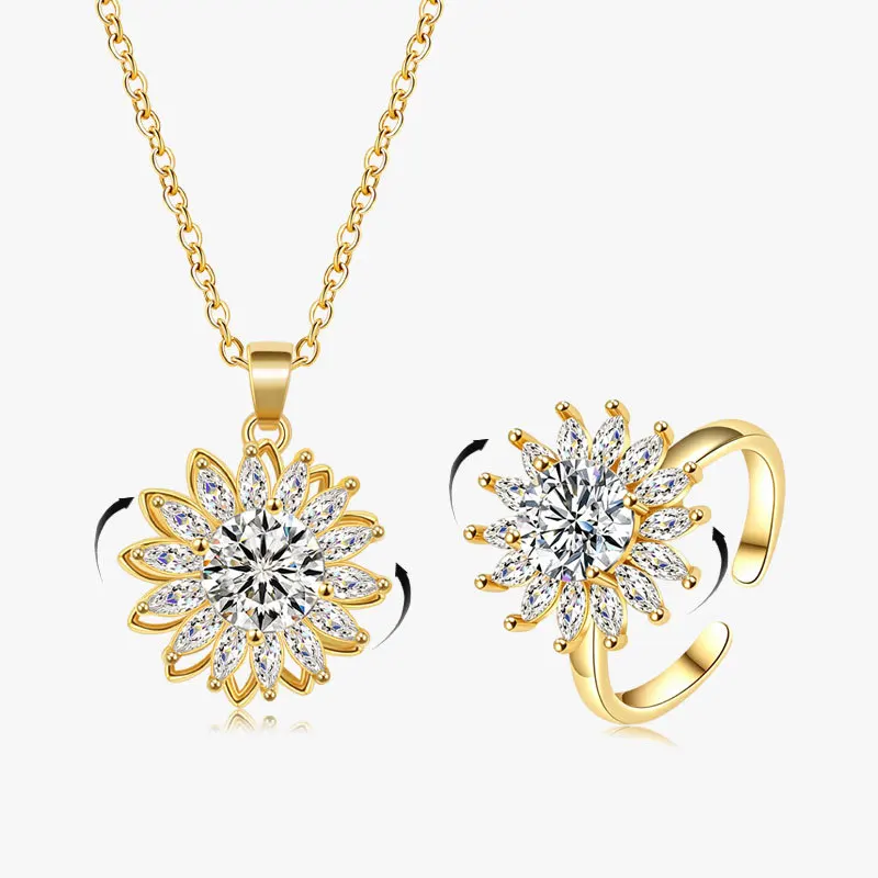 Women's Rotating Sunflower Pendant Necklace And Adjustable Ring Set Shining Rhinestones Anxiety Relief Jewelry Accessory