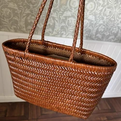 Genuine Leather Handwoven Tote Bags For Women Luxury Designer Handbags And Purses 2024 New In Cowhide With Inner Pocket Shoulder