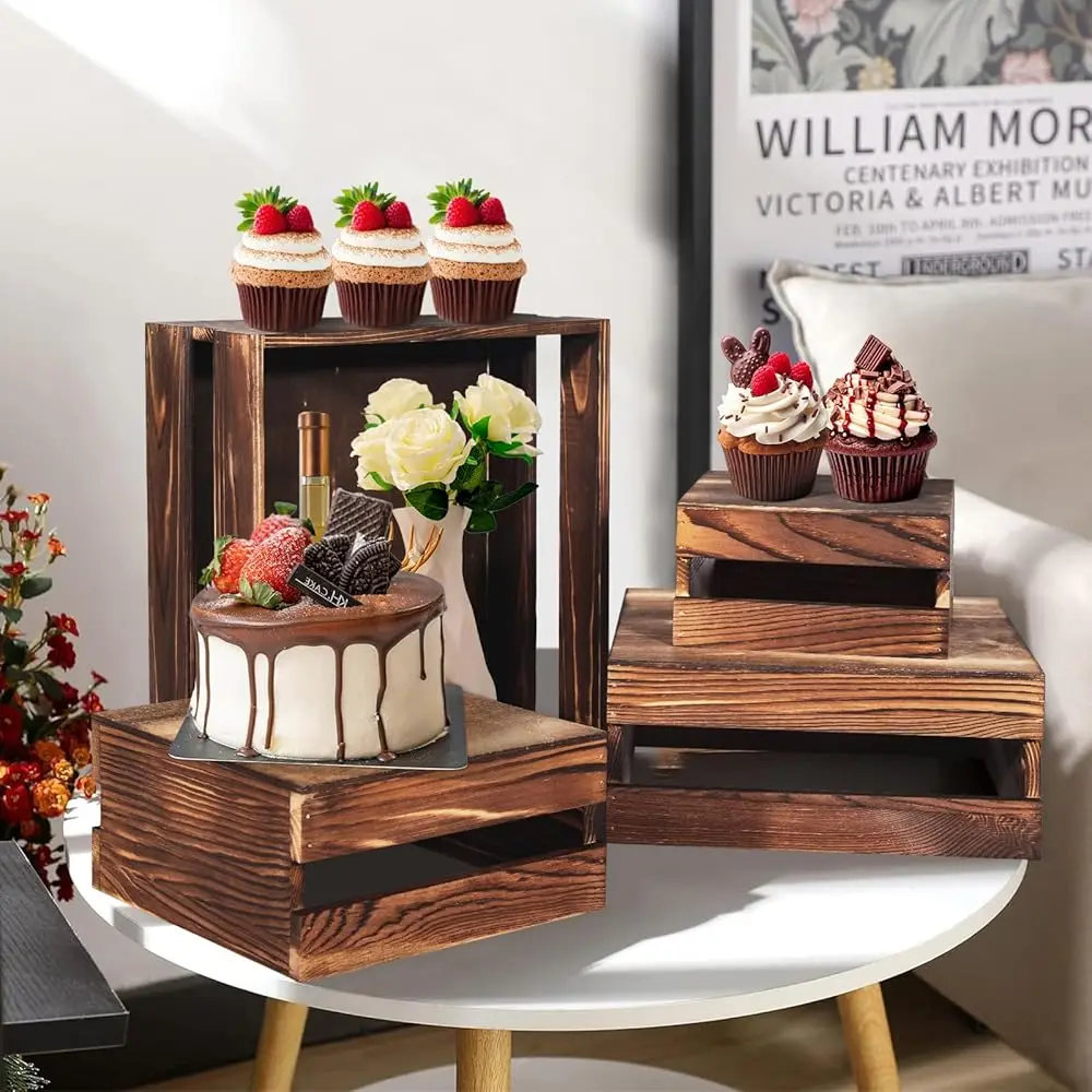 8 Pcs Buffet Risers With Mini Signs, Rustic Wood Cake Stands, Food Risers For Buffet Table, Dessert Display Stand, Wood Crates,