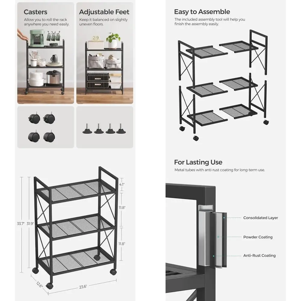 

Industrial Style 3-Tier Mesh Storage Rack with Wheels, 23.6 Wide, Suitable for Entryway, Kitchen, Living Room, and Bathroom, Bla
