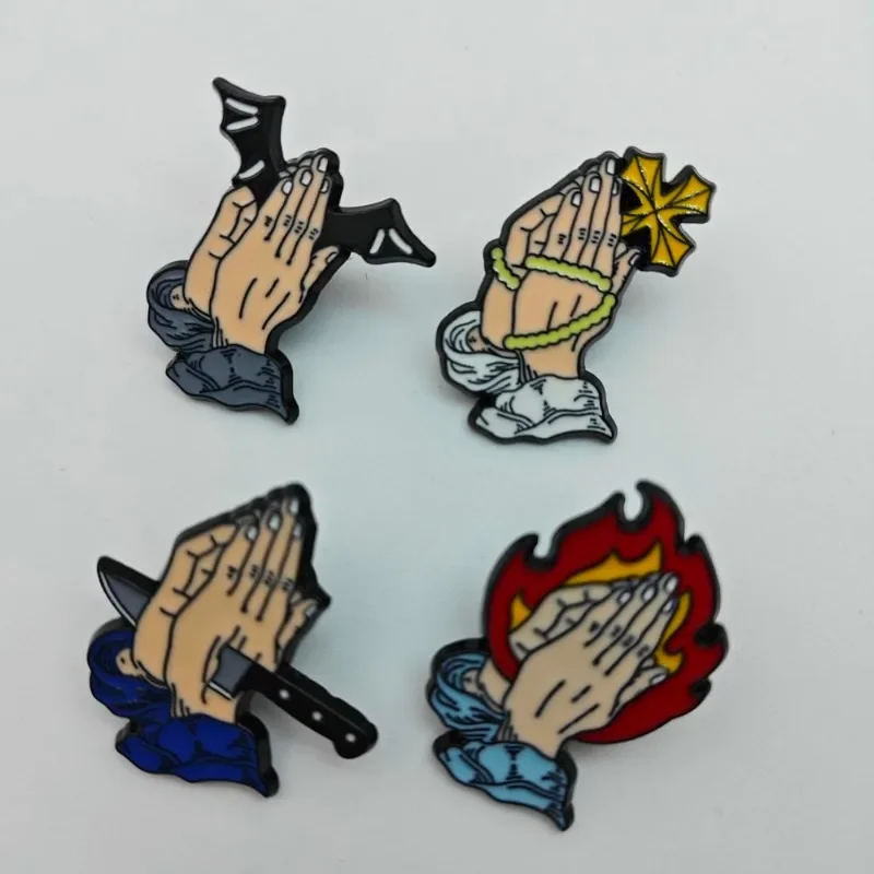 Cartoon Palm Cross Brooches  Drip Oil Demon Lapel Badges Enamel Gift for Women Men Jewelry Halloween Clothes Pins Cross Flame