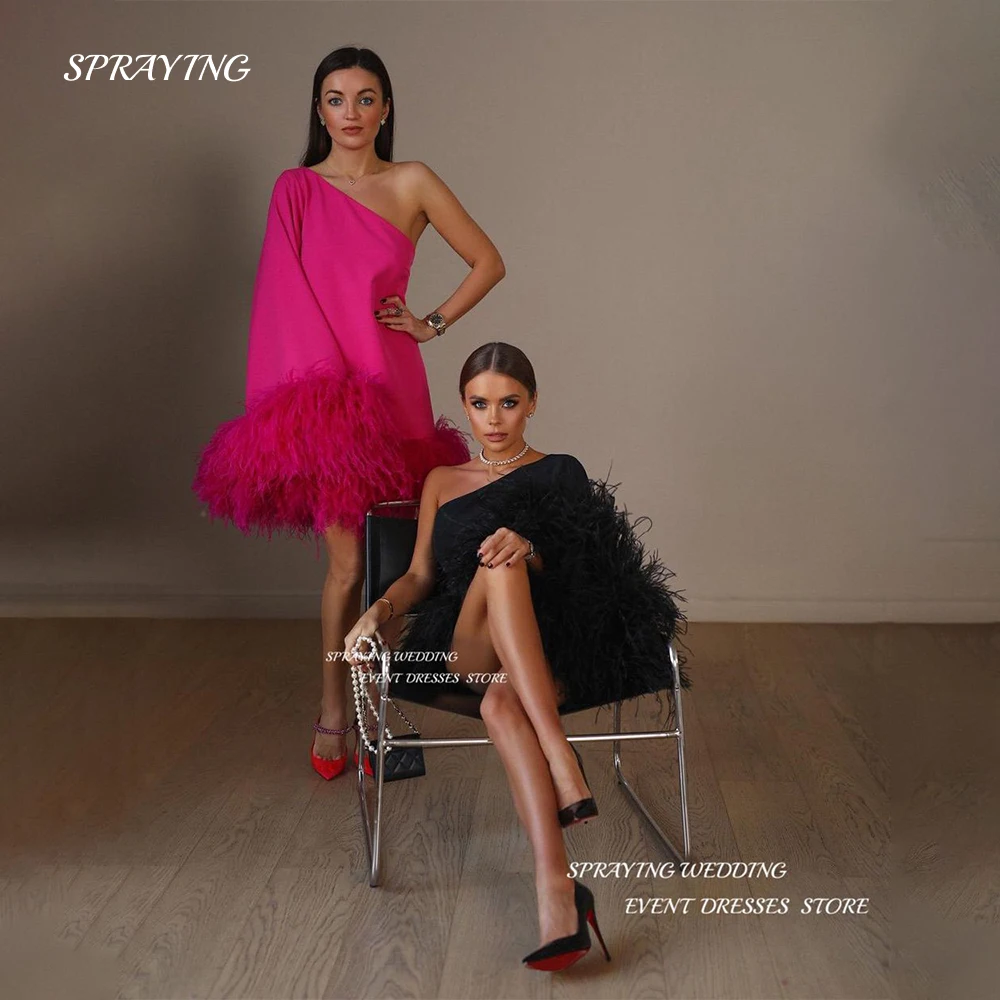 SPRAYING Sexy One Shoulder Feather Evening Dress Saudi Arabia Soft Satin Long Sleeve Prom Gown Mini Short Formal Occasion Dress