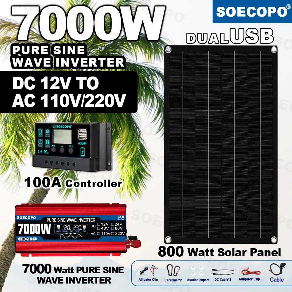 

SOECOPO 7000W Solar System Kit 800W Panel Pure Sine Wave Inverter 12V To 110V/220V 100A Controller for Camping Home Phone